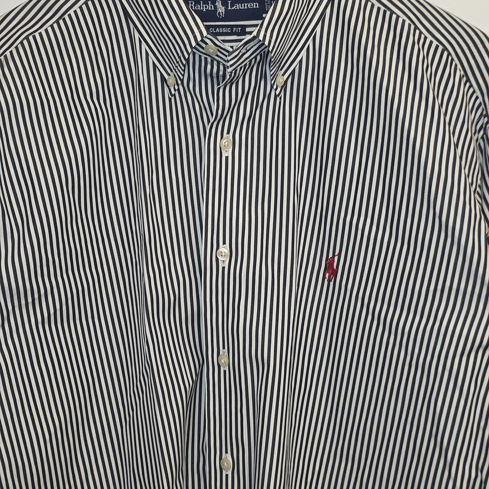 Lauren Ralph Lauren Shirt Mens L 16.5 Gray Pin Stripe Button Down Stretch